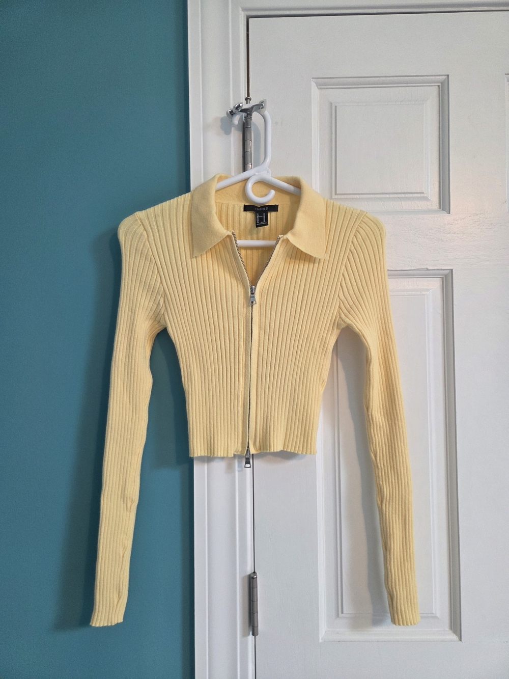 Ribbed Zip-Front Yellow Polo Cardigan - Women